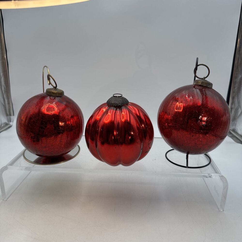 3 Heavy Glass 6” Red Kugel Christmas Ornaments - 2 Crackle & 1 Ribbed